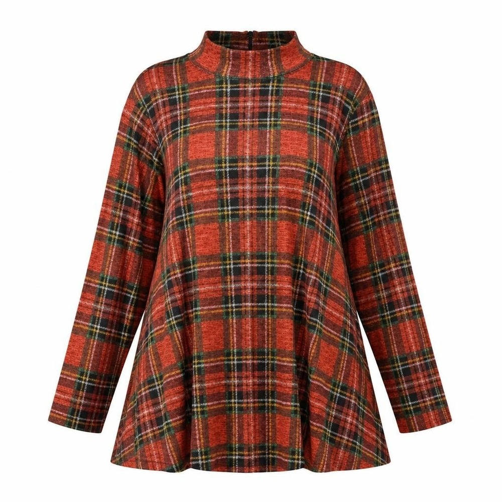 John Mark Tunic Womens 1X Red Tartan Plaid Mock Neck A-Line Swing Holiday